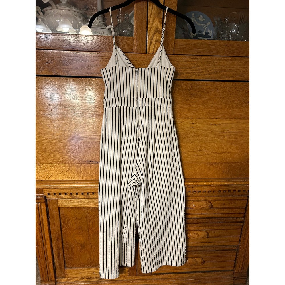 Main Strip Womens Black White Striped Tie Front Wide Leg Jumpsuit Small Cutout - Picture 2 of 13